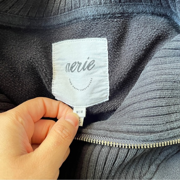 Aerie Down to Earth Soft Black Cotton Ribbed Quarter Zip Pullover Sweatshirt M - Picture 7 of 11